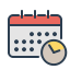 Calendar icon with a clock symbol.